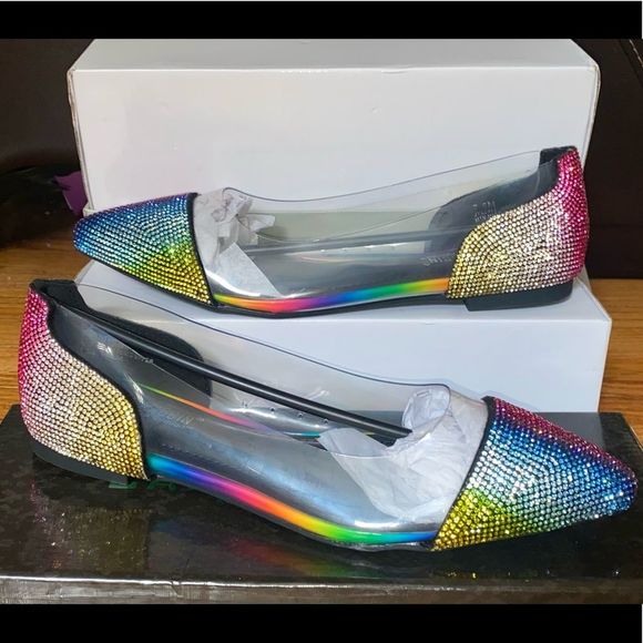 From Dolls Kill Cape Robin Rainbow Rhinestone Clear Pointed Flats - Picture 3 of 6